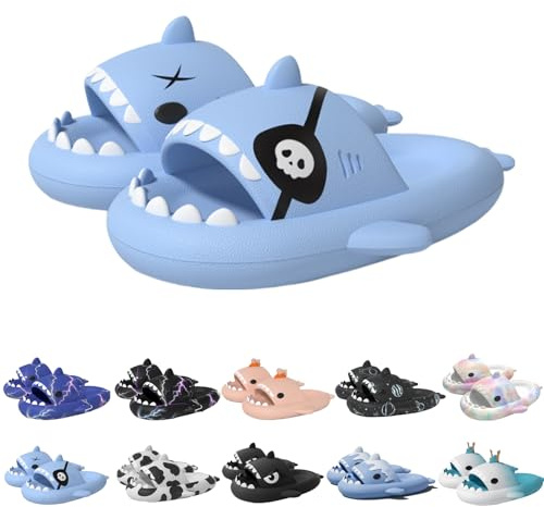 Argumub Zapatillas De Tiburón - Rayo, Estrellado, Pirata, Helado, Conejito, Nocturno, Fuego (Tiburón Pirata Azul, Adulto, Mujer, 36, Números (rango), Sistema tallas calzado EU, 37, mediano)