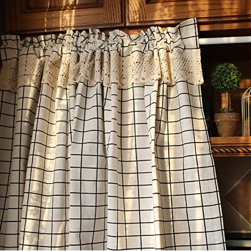 A.Monamour Tenda Corta per Finestra Piccola Rustico Cotone Lino Pizzo Nero Bianco a Scacchi Quadri Opaco Tendina Tenda da Cucina Bistrot Caffè Mezza Tenda Mantovana Tenda a Vetro Tenda a Pannello
