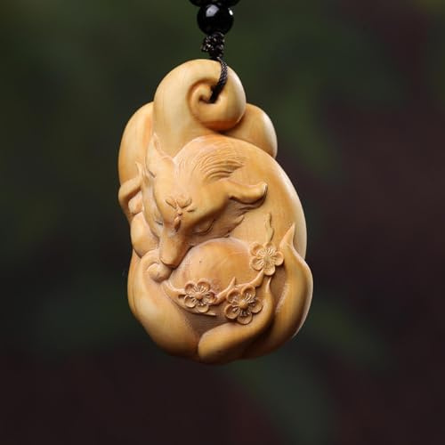 LIZORE Estatua de Madera Zorro de Nueve Colas Hecho a Mano Decoración de Tallado en Madera Boj Adorno Vintage Sala de Estar Dormitorio Oficina Feng Shui Escultura Ornamento