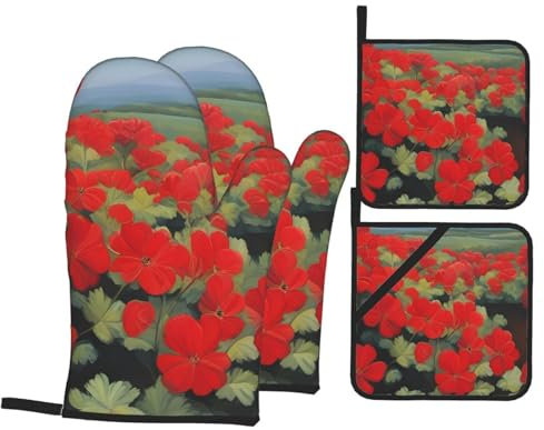 YYHHAOFA Topfpflanzenstempel, rote Geranie, 4-teiliges Set, isolierter Ofenhandschuh und Topflappen für dicken und langlebigen Verbrühungsschutz