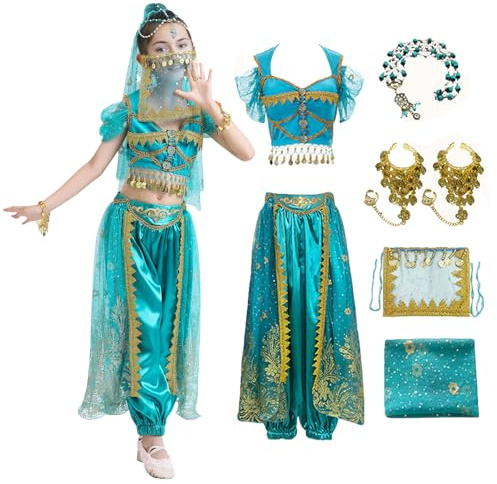 Baisdan Costume d'Halloween Aladdin pour fille – Déguisement de princesse Jasmine pour fête, danse du ventre – Costume de spectacle, tenue de costumade – Bleu