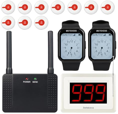 Retekess TD113-T114 Sistema di Chiamata Wireless, Pager per Caregiver,Promemoria Multipli,Massimo 999, 2 Ricevitori Orologio TD113, 10 Pulsanti di Chiamata,Ospedale, Postazione Infermieristica