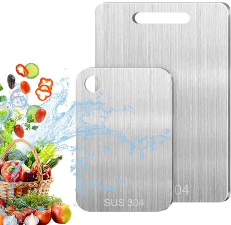 2 Pièces Planche à Découper Inox, Planche à Découper Double Face en Métal de Qualité Alimentaire, Planche À Découper Antiadhésive En Acier Inoxydable (34 * 23cm+25 * 15cm)