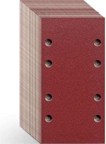 Aucenix Sanding Sheets for Electric Sander: 48Pcs Hook and Loop Sandpaper - Rectangular Sander Pads with 8 Holes Assorted (40/60/80/120/180/240/400/600) for Wood (93 x 185 mm-Mix Grits)