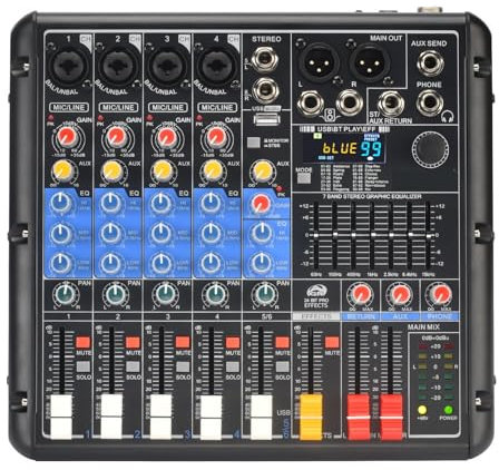 Audio Mixer, 6 Channel Audio Mixer 99 DSP Effect 5.0 7 Band EQ Mute Solo Mixing Console USB PC Record Play For Party