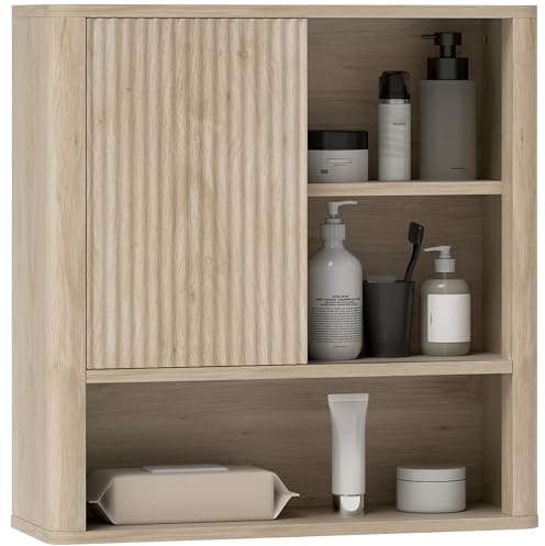 HOMCOM Armoire Murale, Meuble Haut Salle de Bain avec étagères réglables, Porte coulissante et étagères Ouvertes, Meuble de Rangement Suspendu, 60 x 20 x 62 cm, Bois Naturel
