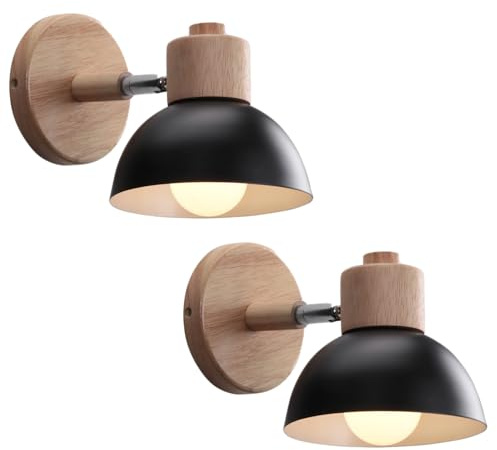WOTTES Wandlampe Retro Holz E27 Wandbeleuchtung Vintage Innen Wandleuchte Moderne Wandlicht Wandstrahler Industrial Wall Lamp für Wohnzimmer Korridor Treppen Schlafzimmer (2 Stück, Schwarz)