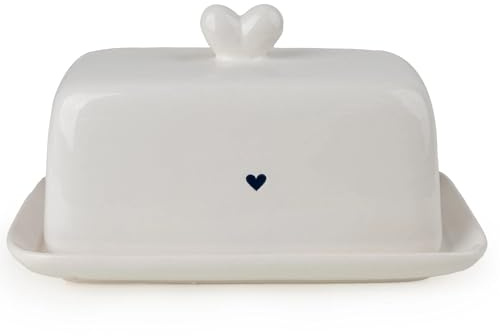 Home Deco London Ceramic Butter Dish with Heart Design Handle, White, 17.5 cm