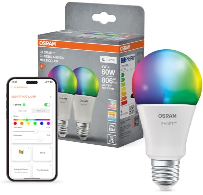 OSRAM SMART+ lampa, Matter via WiFi, 2 st, E27, 9W, 16 milj färger, | , LED Lamps, 60 Millimetres dia, 20000 Hours, 2-Pack