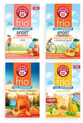 Teekanne Tee Frio 4er Mix – Kalter Tee mit Geschmack erfrischende Teebeutel | Eistee Pfirsich, Mango-Orange, Yuzu-Minze & Grapefruit-Zitrone, zum kalt aufgießen, Low calorie Wasser mit Geschmack