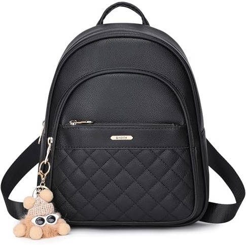 BAGOK Mini Rucksack Damen Klein – Eleganter Kunstleder Rucksack mit Steppoptik, Plüschanhänger & Quaste – Für Frauen & Mädchen im Alltag & auf Reisen(Schwarz)
