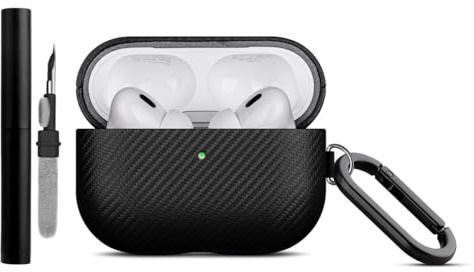 Haobobro Carbon-Look Hülle für AirPods Pro 3 Case mit Karabiner - Schwarz | Premium Kunstleder, komplett umhülltes Design, Doppelschichtiger Schutz - Handgefertigt AirPods Pro 3. Generation Schutzhülle
