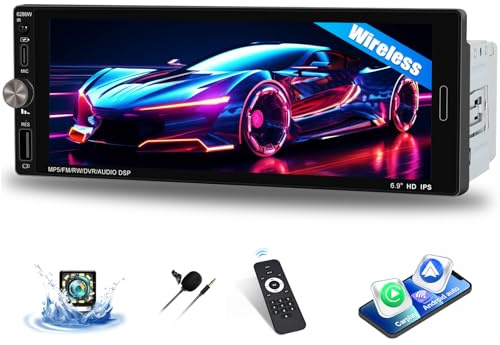GOHHDL 1 Din Autoradio Bluetooth avec Wireless CarPlay Android Auto, écran Tactile IPS 6,9 Pouces avec Mirror Link FM EQ USB/Type-C SWC + Caméra de recul + Télécommandes