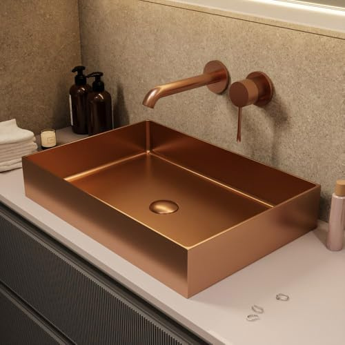 CERAMIA Timeless Vasque à Poser 55x38 cm Inox 304 | Sans trop plein | Bonde Cuivre Brossé | Installation facile