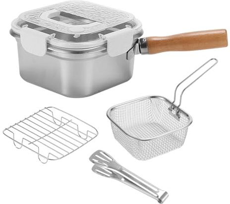 FLCPJGV 4 Pièces Friteuse Japonaise Casserole Multifonction Poêle Carrée avec Panier En Acier Inoxydable Compacte pour Frire Des Aliments En Camping, Blanc