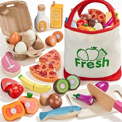 LAUGIGLE Ensemble de nourriture en bois pour enfants - Jouet Montessori avec jouet à pizza, œufs de Pâques, accessoires de cuisine, découpe de faux aliments avec sac fourre-tout en toile, cadeau