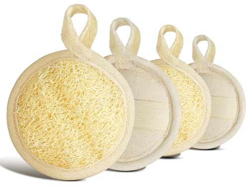 AOOWU Spugna di Luffa Naturale, 4 Pezzi 8x8cm Scrubber per il Corpo Esfoliante in Spugna, Spugna di Loofah per Doccia Ecologica e Biodegradabile, per Donne e Uomini Bathroom Spa Kitchen Camping