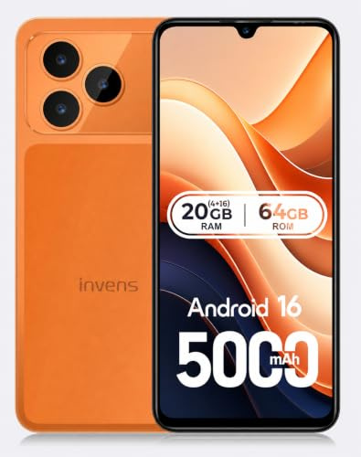 invens NOTE 17P Mobile Phones, 20GB + 64GB/256GB Android 16 Phones,5000mAh Battery, 8.75mm Ultra-Slim, 6.9 Cheap Android Phone,16MP+8MP Smart Phones, 4G Dual SIM Unlocked, Face ID, GPS, OTG(Orange)