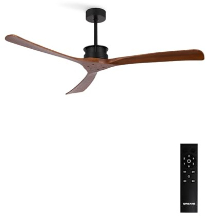 CREATE / WINDLARGE/Ventilateur de plafond avec télécommande, noir pales bois foncé / 40W, silencieux, Ø152 cm, 6 vitesses, minuterie, 2 hauteurs, moteur DC, fonction été-hiver