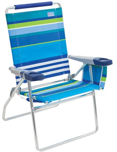 Rio Brands 17 Extended Height 4-Position Folding Beach, Camping, Lawn Chair, Blue/White/Green