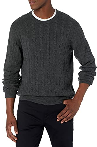 Amazon Essentials Men's Crewneck Cable Cotton Pullover Sweater, Charcoal Heather, Large