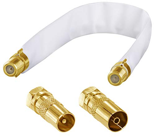 hb-digital 1x SAT Fensterdurchführung flach flexibel vergoldete Kontakte Weiß HQ Türen Fenster + Adapter SET: F-Stecker auf IEC Antennenstecker (männlich) & IEC Antennenbuchse (weiblich) - vergoldet