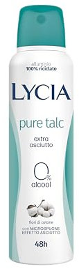 Lycia, Pure Talc Deodorante Spray con Antibatterico e Fragranza al Profumo di Talco e Fiori di Cotone, Efficacia fino a 48H, Senza Alcool, 150 ml