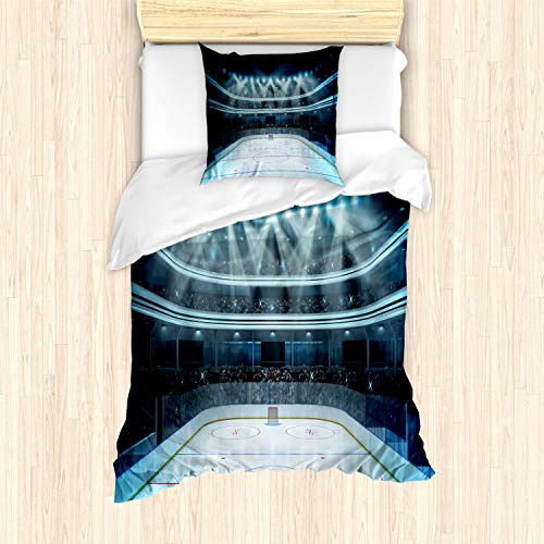 ABAKUHAUS Eishockey Bettbezug Set für Einzelbetten, Sport Arena Foto Fans, Milbensicher Allergiker geeignet mit Kissenbezug, Dunkelblau Weiß