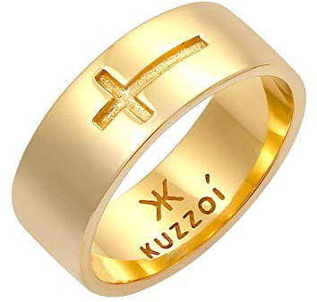 Kuzzoi Herrenring Bandring für Männer mit Kreuz Motiv aus 925 Sterling Silber vergoldet, Breiter Silberring (8 mm) im goldenen Design, Breiter Ring für Herren mit Kreuz, Ringgröße 66, 0610410620_66