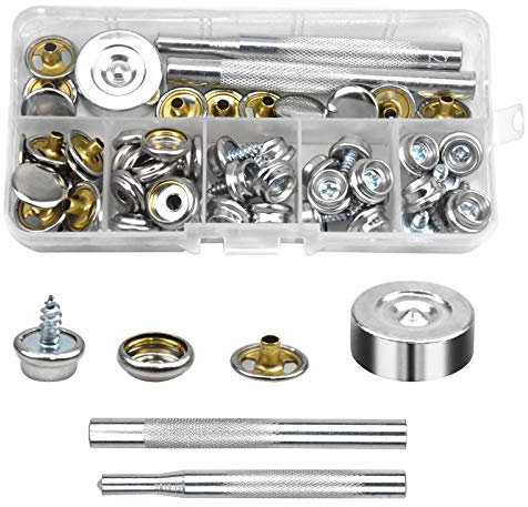 20 Set Druckknöpfe, Snaps Fastener mit Schraub, Edelstahl Druckknopf zum Anschrauben, 15 mm Snap Button Kit für Boot, Nähfrei Segeltuch Zelt Camping, 63 Stk