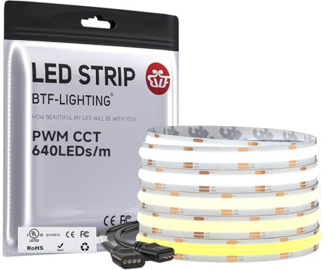BTF-LIGHTING FCOB COB FOB Flexibler High Density CCT LED Streifen 5M 640LEDs/m Abstimmbar 3000K-6500K CRI＞90 Dimmbares verformbares LED-Lichtband für Schlafzimmerküche Innendekoration DC24V