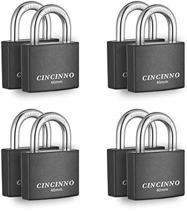 CINCINNO Covered Aluminum Padlock with Key, 8 Pack 1-9/16 Padlocks with Same Key，Key Lock for Outdoors