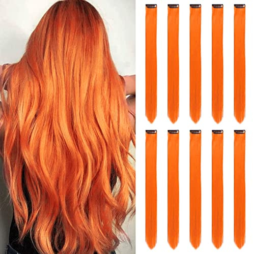 Orange Haarverlängerungen Clip In für Mädchen 22 Zoll bunte gerade Haarverlängerungen für Party Highlights gefärbtes Haar Zubehör Haarteile für Kinder Frauen（10 PCS Orange）