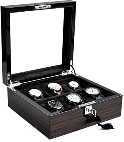 Uhrenbox Uhrenschatulle Uhrenhalter Uhrenetui Uhrenbox Mit Aufklappbarem Deckel Aus Holz, Lackiert, Quadratisch, Mit 6 Fächern, Fenster, Uhrenbox, Schmuck-Aufbewahrungsbox Uhrenkoffer Uhrenrolle