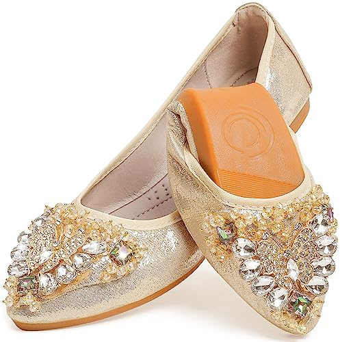 WAMBHC Gold Flats Shoes for Women Bow Rhinestone Pointed Toe Wedding Flats - Foldable Ballet Flat Slip on Flats for Women Dress Comfort - Size 10