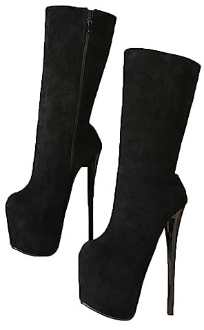 Sexy Leopardenmuster-Plattformstiefel für Damen mit mittlerer Wade, kniehohe Stiefel mit seitlichem Reißverschluss, 20 cm, Super-Stiletto-High-Heels, Nachtclub-Pole-Dance-Abschlussball,Schwarz,50