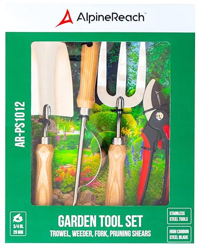 AlpineReach Set di Attrezzi da Giardino, 4 Pezzi Premium, Forbici da Potatura per il Giardinaggio, Forca in Acciaio Inox, Cuneo, Sarchiatore, Attrezzi Ergonomici per Lavori Pesanti, Confezione Regalo