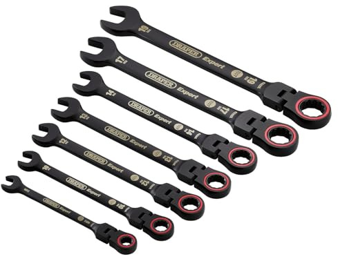Draper 03927 Expert HI-TORQ Metric Flexible Head Ratchet Combination Spanner Set, Black (7 Piece)