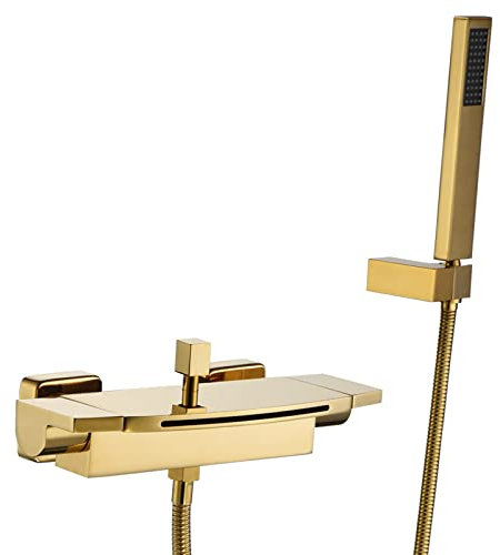BiaoTeng Bath Mixer Tap with Shower Attachment Gold Wall Mounted Waterfall Bathtub Mixer Tap Shower Mixer Tap Set for Bathtub