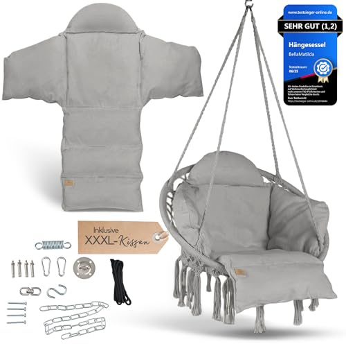 BELLAMATILDA® Premium Hängesessel mit Korb & XXL Kissen + 360° Montagezubehör Outdoor & Indoor Hängeschaukel Hängesitz/Hängestuhl für Garten, Wohnzimmer, Balkon, Terrasse - Hängekorb bis 150kg-(G-G)