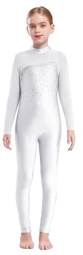 Miaeowve Kids Girls Sparkly Gymnastics Unitard Full Body Leotards Long Sleeve Catsuit Dancewear Jumpsuit White 7-8 Years