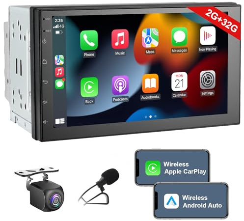 7In Double Din Car Stereo Wireless CarPlay Wireless Android Auto, Android 2+32G Touchscreen Car Radio Head Unit with Bluetooth, DSP, WiFi,Rearview Backup Camera