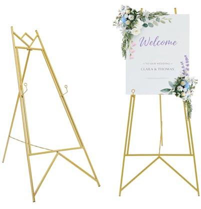 Staffelei Groß, Willkommensschild Hochzeit, Poster Staffelei aus Stahl, 2* Wedding Staffelei, 4-Einstellbare Lochpositionen, Maximale Tragfähigkeit 10 KG, 90 * 48 cm, Gold