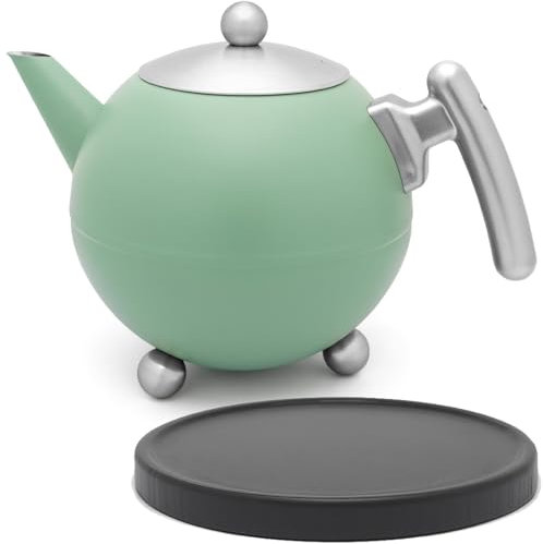 Bredemeijer große grüne Edelstahl Teekanne 1.2 Liter doppelwandig - pastellfarbene isolierende Kanne mit schwarzem Holzuntersetzer - längerer warmer Teegenuss