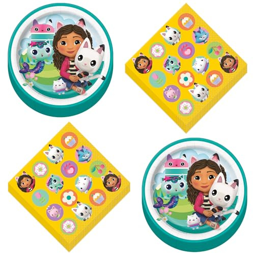 Gabby's Dollhouse Party Supplies - Gabby & Friends Theme Birthday Party Round Paper Dessert Plates and Lunch Napkins (16 Plates and Napkins)