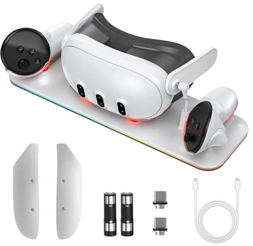 Olycism Estación de Carga, Compatible con Meta Quest 3, con 2 Pilas Recargables VR Soporte de Carga de Auriculares Iluminación diversa Pantalla LED