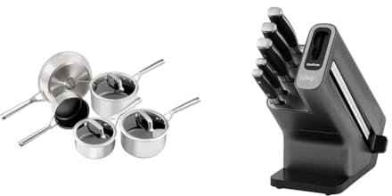 Ninja ZEROSTICK 5-Piece Pan Set, Long Lasting Non Stick,16cm, 18cm & 20cm Saucepans & Foodi StaySharp Knife Block with Integrated Sharpener, 5-Piece Knife Set Includes Chef Knife, Bread Knife
