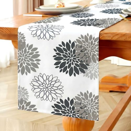 Vorysum Tischläufer Blumen Grau Dahlien Modern Tischläufer Wasserabweisend Leinen，Dekoration Tischdecke Outdoor Sommer Garten für Hochzeit Esszimmer Party Urlaub Dekor 40 x 140 cm