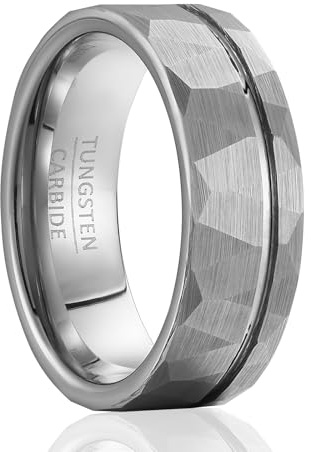 SOXEMAN Fascia Borderline Sfaccettata - Anello Tungsteno Grigio Texture 8mm con Linea Accento Lucidata per Uomo e Donna (Misura USA) | Linea Argento Lucidata | Misura USA 9 (59,4 mm)