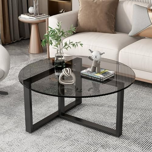 Mesa de centro redonda de cristal negra de 70 cm con escritorio de vidrio templado y soporte de patas de hierro forjado, segura y estable